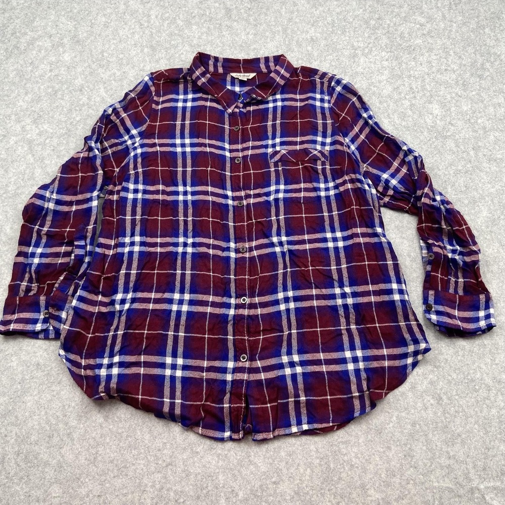 Lucky Brand Button Up Shirt Womens 2X Plus Red Plaid Long Sleeve Tunic Top